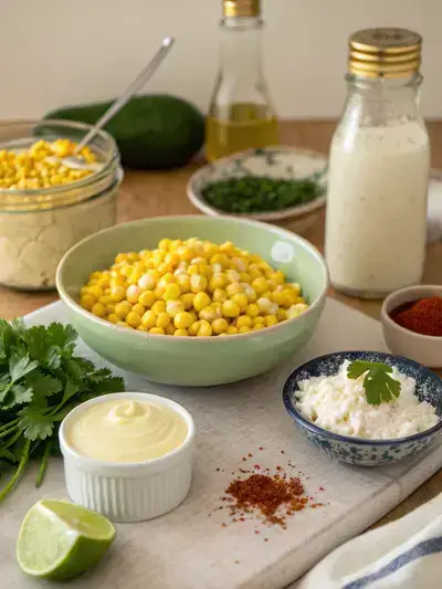 A kitchen table displaying the fresh ingredients for Mexican Street Corn Dip, including corn, cream cheese, sour cream, mayonnaise, cotija cheese, cilantro, lime, spices, and jalapeño.