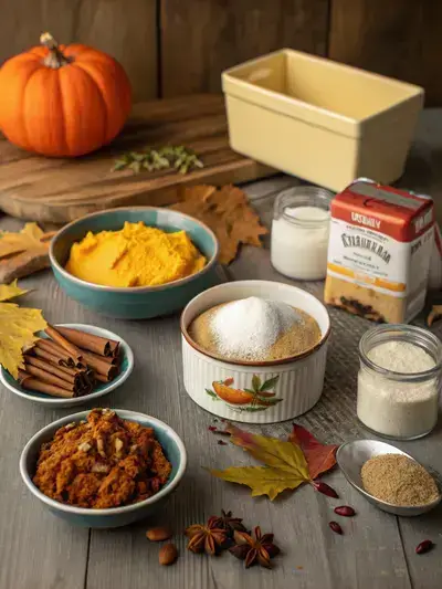 Ingredients for pumpkin dump cake recipe displayed on a kitchen table.