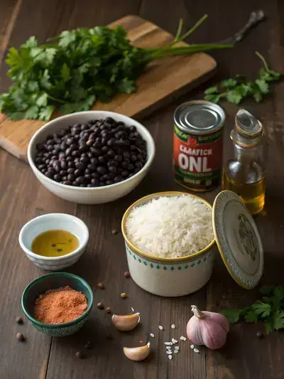 A collection of ingredients for a simple rice and beans recipe, including rice, black beans, onion, garlic, olive oil, spices, and vegetable broth on a wooden table.