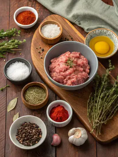 Ingredients for turkey breakfast sausage displayed on a kitchen table.
