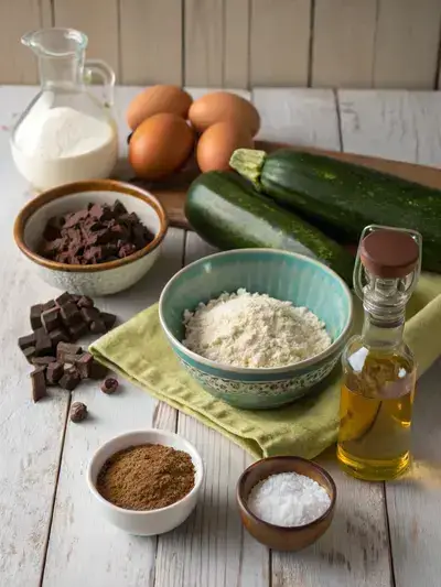 Ingredients for ZUCCHINI BROWNIES displayed on a kitchen table, including flour, cocoa powder, sugar, eggs, and zucchini.