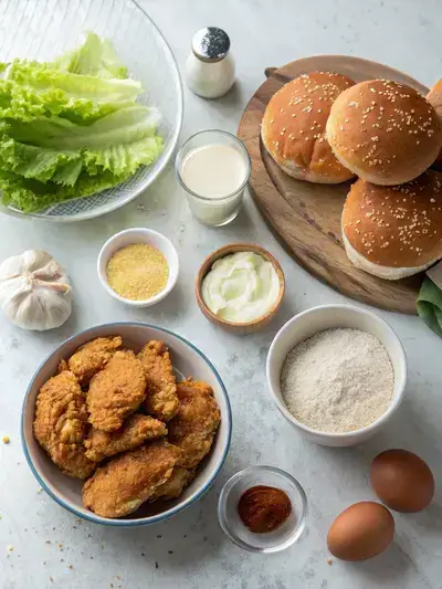 A kitchen table displaying ingredients for a crispy chicken burger, including chicken, flour, breadcrumbs, and fresh vegetables.