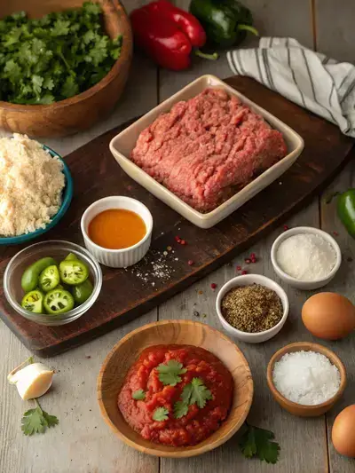 Ingredients for Mexican Meatloaf displayed on a kitchen table, showcasing fresh produce and spices.