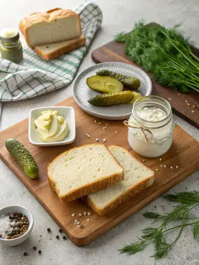 Ingredients for a pickle sandwich including bread, butter, dill pickles, mayonnaise, salt, and pepper.