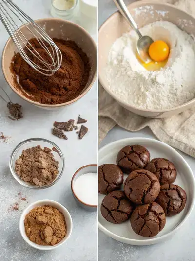 Step-by-step process of making CHOCOLATE CRINKLE COOKIES, including whisking dry ingredients, beating wet ingredients, and chilling the dough.