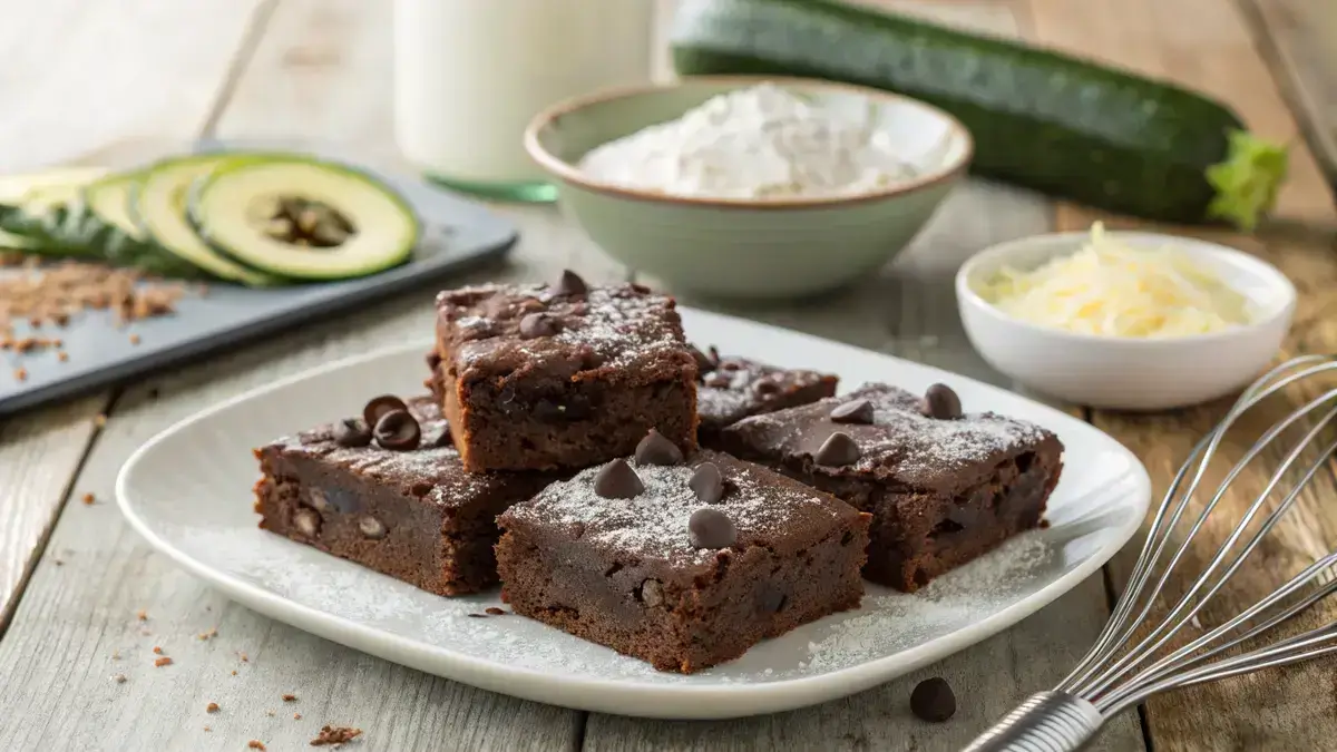 Step-by-step process of making ZUCCHINI BROWNIES, including preheating the oven, mixing dry ingredients, preparing wet ingredients, and adding shredded zucchini.