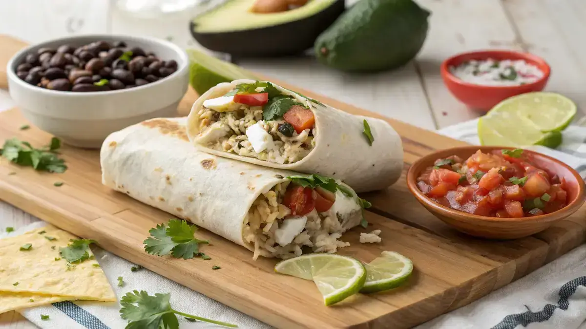 Delicious chicken burrito cut in half, revealing colorful layers of chicken, rice, and beans.