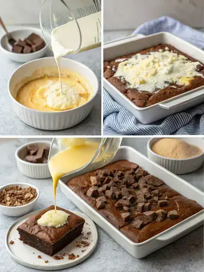 Step-by-step preparation of Earthquake Cake, including preheating the oven, pouring melted butter, sprinkling cake mix, and preparing cream cheese mixture.