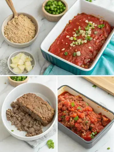 Step-by-step preparation of Mexican Meatloaf, showcasing mixing ingredients, shaping the loaf, and adding sauce.