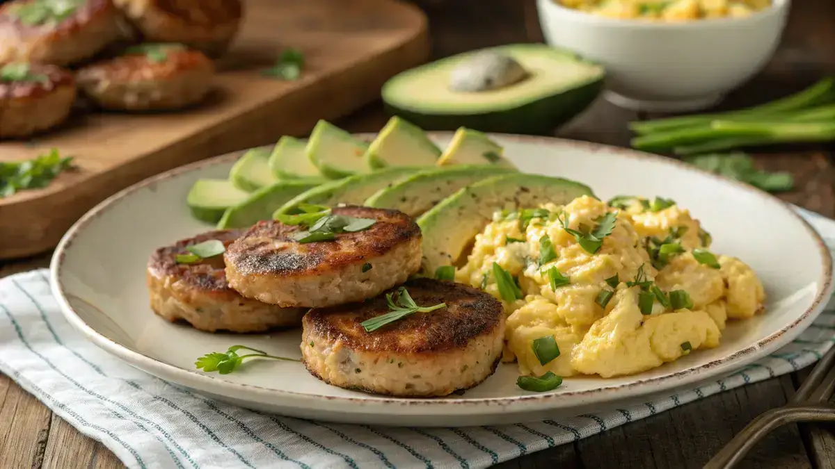 Delicious turkey breakfast sausage patties served with scrambled eggs and avocado.