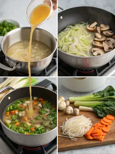 A step-by-step visual guide to making Asian noodle soup, featuring ingredients and cooking processes in a cozy kitchen setting.