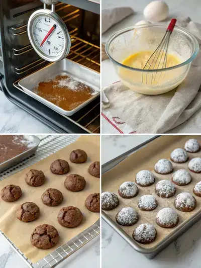 Step-by-step process of making BROWNIE CRINKLE COOKIES, including preheating the oven, mixing ingredients, rolling dough, and arranging cookies on a baking sheet.
