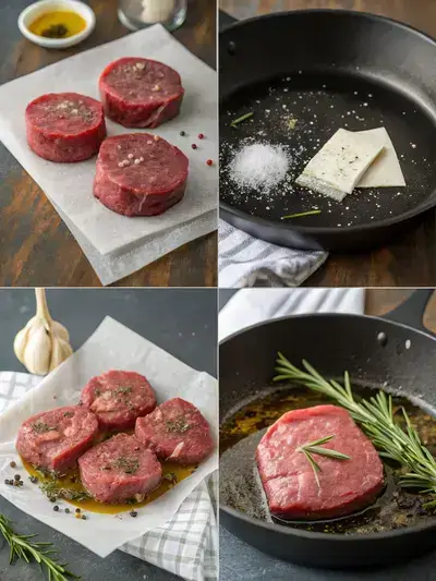 Step-by-step process of preparing beef medallions, including seasoning, searing, and adding flavor with garlic and rosemary.