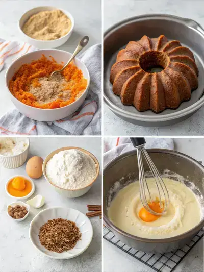Step-by-step process of making carrot bundt cake, including greasing the pan, mixing dry ingredients, beating sugars and eggs, and pouring batter into the pan.