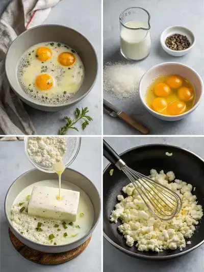 A step-by-step visual guide for making feta and egg recipes, showcasing the preparation process in a divided image format.