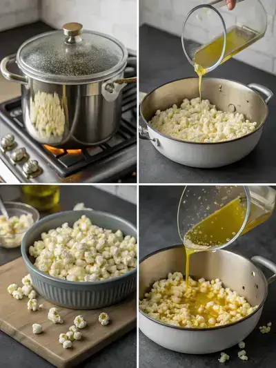 A step-by-step visual guide to making popcorn butter, showcasing the process from heating oil to drizzling melted butter over popcorn.