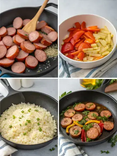 A step-by-step visual representation of preparing kielbasa and rice, showcasing the cooking process in a skillet.