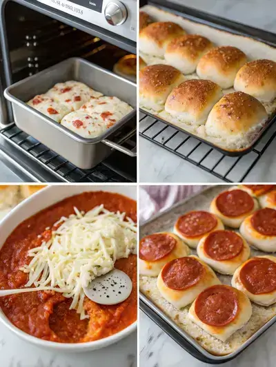 A step-by-step visual guide for making pizza sliders, featuring preheating the oven, preparing slider buns, adding pizza sauce, and topping with cheese and pepperoni.