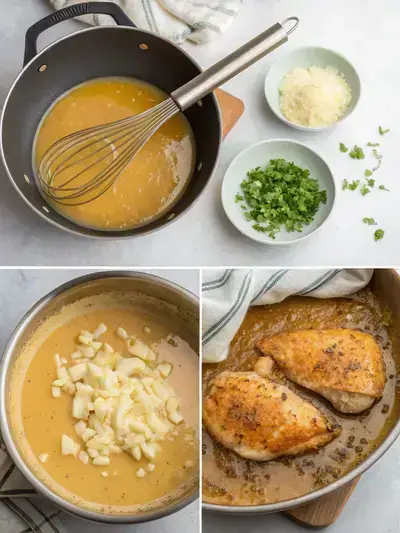 Visual guide for preparing Knorr Gravy Recipe, illustrating melting butter, creating roux, pouring in chicken broth, and mixing in seasonings.