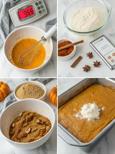 Step-by-step preparation of a pumpkin dump cake recipe, showcasing mixing ingredients and layering in a baking dish.