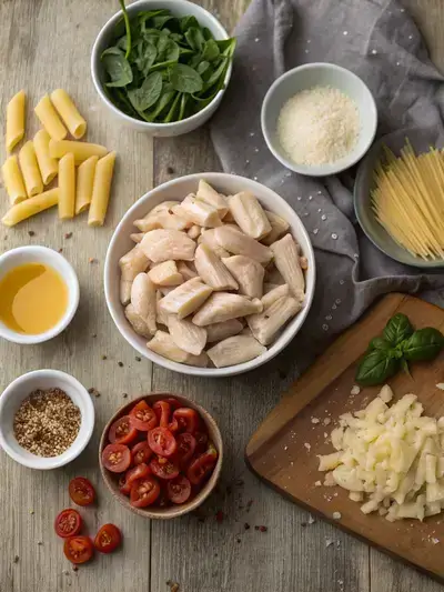 Ingredients for Tuscan chicken pasta displayed on a kitchen table.