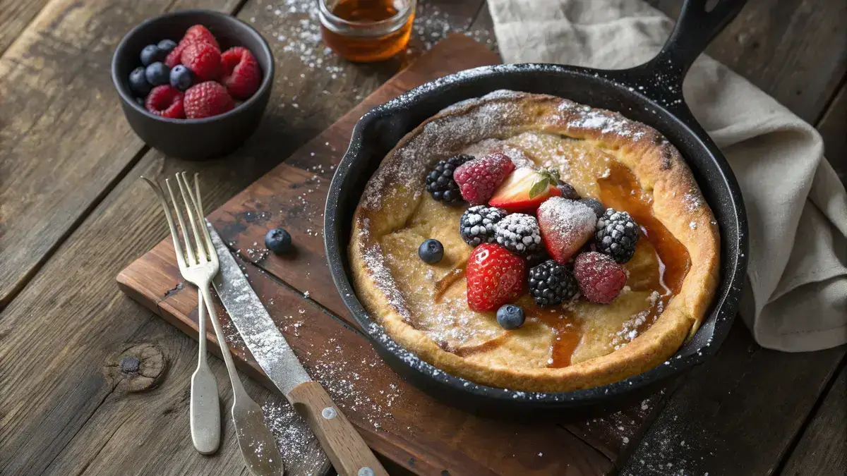 Oven-Baked Pancake topped with fresh berries and maple syrup in a cast-iron skillet.