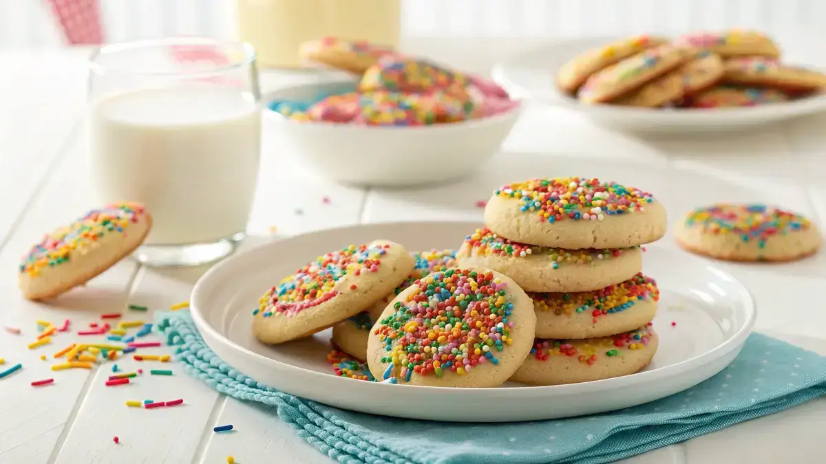 A plate of golden brown rainbow sprinkle cookies with colorful sprinkles on top, accompanied by a glass of milk.