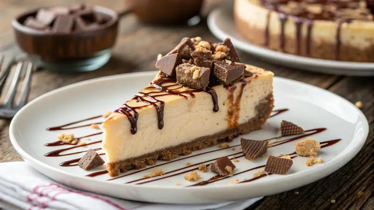 Slice of Reese's Cheesecake with whipped cream and chocolate drizzle on a plate.