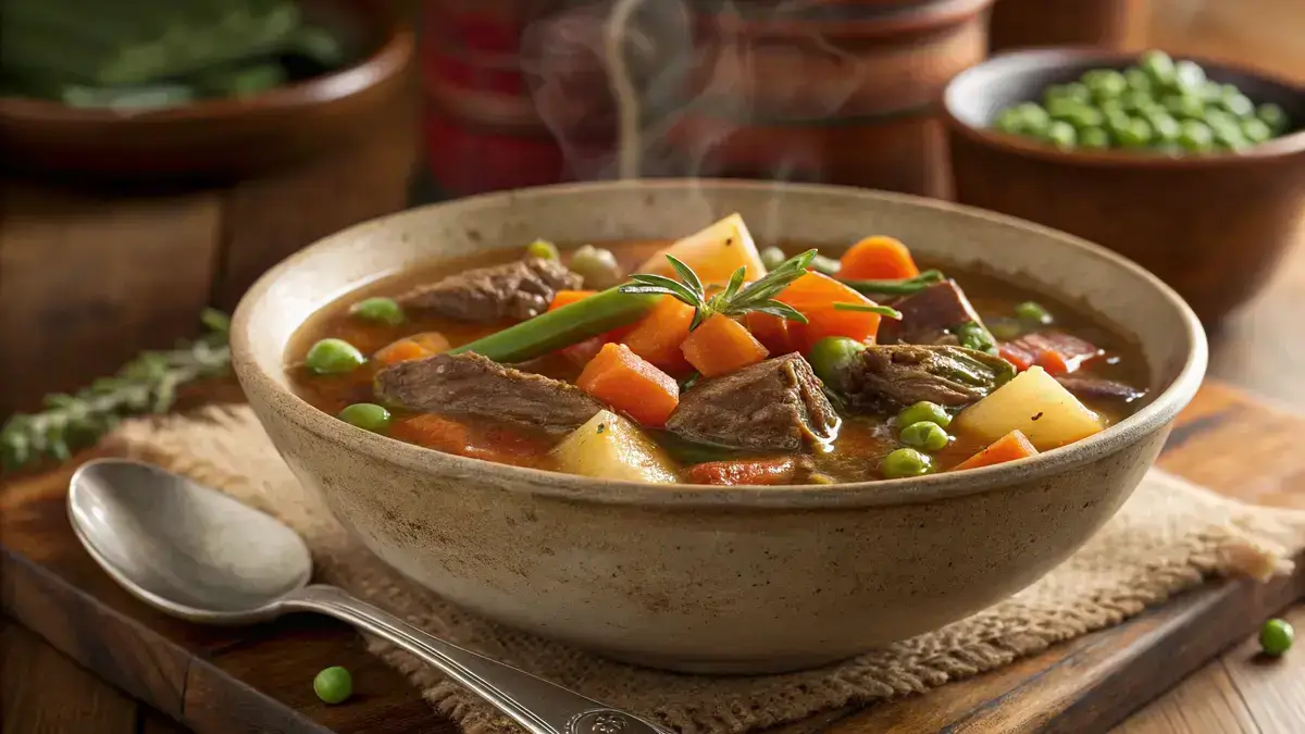 Vegetable beef soup with vegetables and beef chunks