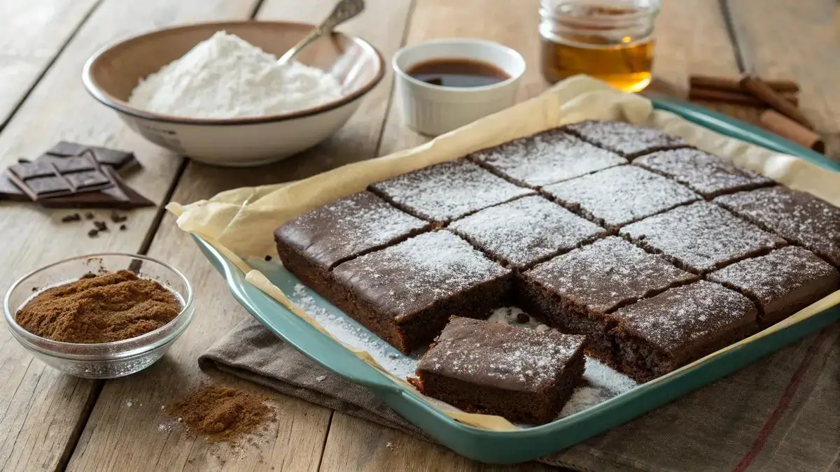 A slice of Wacky cake on a wooden table, showcasing its fluffy texture and topped with powdered sugar.