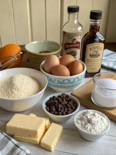 Ingredients for COOKIE DOUGH displayed on a kitchen table, including flour, butter, sugars, and chocolate chips.
