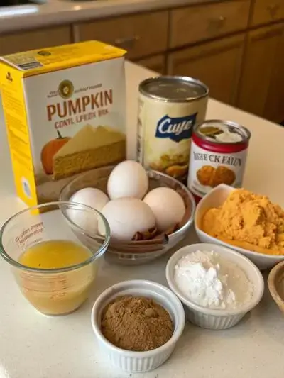 Ingredients for Pumpkin Poke Cake displayed on a kitchen table, including cake mix, pumpkin puree, spices, eggs, and toppings.