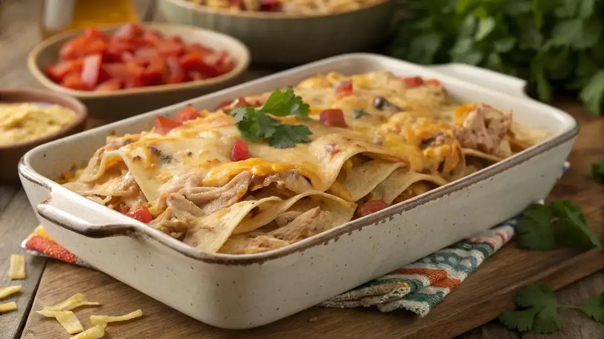 Delicious King Ranch chicken casserole with layers of tortillas, chicken, and melted cheese, garnished with cilantro.