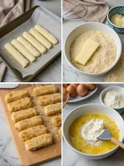 Step-by-step process of making homemade mozzarella sticks, including cutting cheese, freezing, breading, and frying.