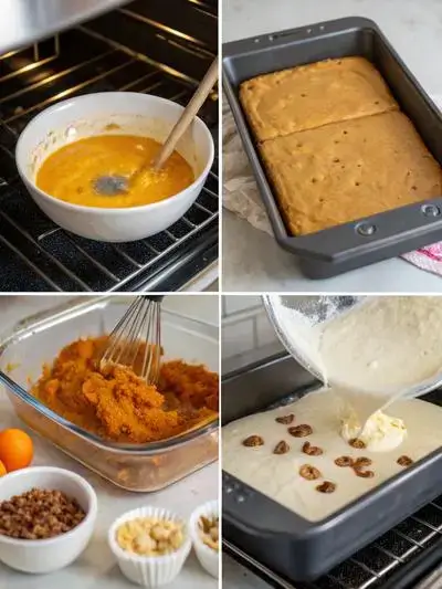 Step-by-step process of making Pumpkin Poke Cake, including mixing batter, pouring into a pan, and adding sweetened condensed milk.