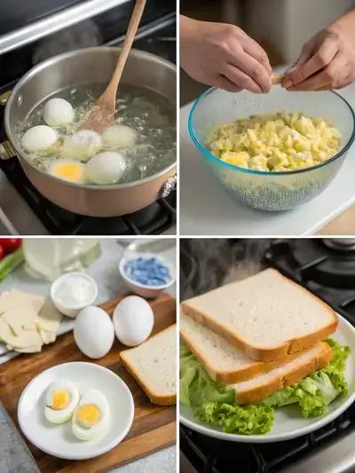Step-by-step process of making an egg salad sandwich, including peeling eggs, mixing ingredients, toasting bread, and assembling the sandwich.