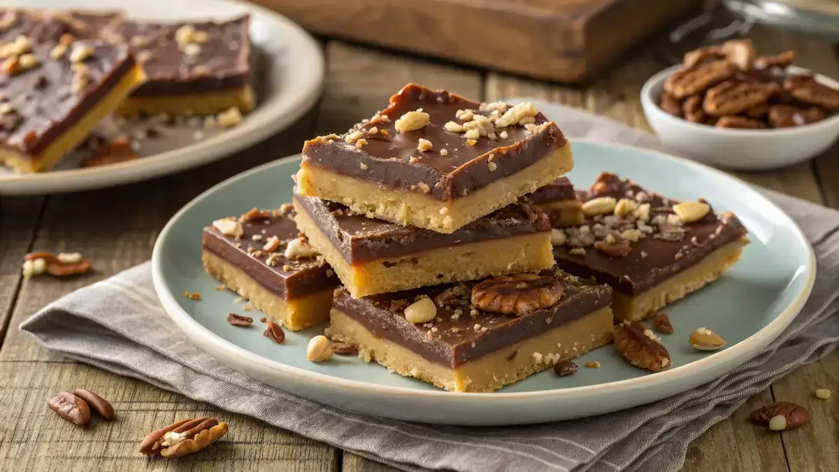 Delicious Toffee Bars with chocolate and pecans on a rustic wooden table.