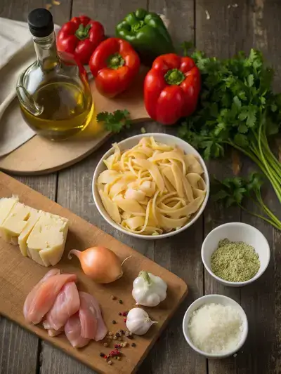 A colorful assortment of ingredients for cajun pasta, including pasta, chicken, vegetables, and seasonings.