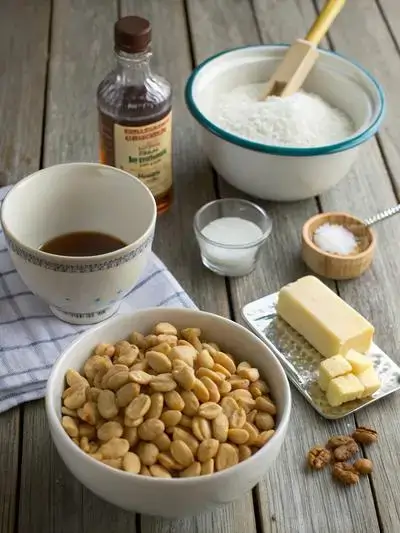 Ingredients for Caramel Peanut Clusters displayed on a kitchen table.