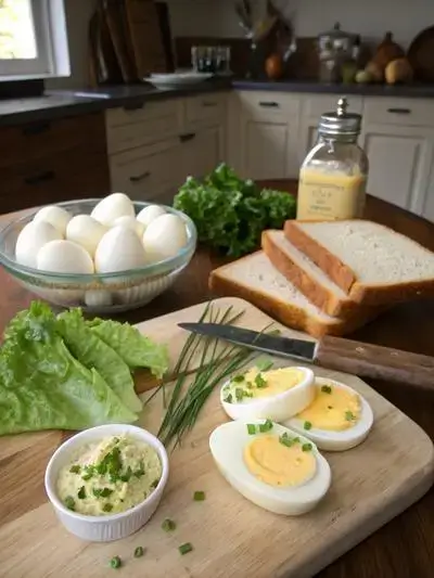 Ingredients for an egg salad sandwich displayed on a kitchen table.