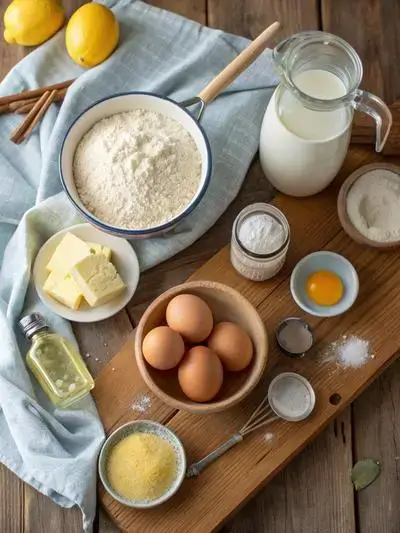 Ingredients for lemon coffee cake arranged on a kitchen table, including flour, sugar, eggs, and lemons.
