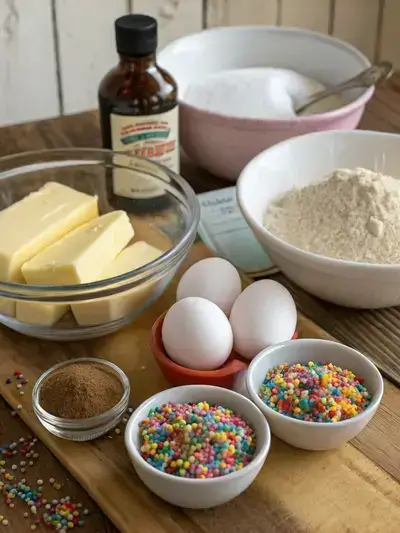 A collection of ingredients for rainbow sprinkle cookies displayed on a wooden kitchen table, including butter, sugars, eggs, flour, and colorful sprinkles.