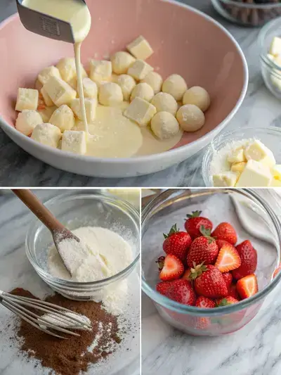 Step-by-step process of making strawberry truffles, including chopped white chocolate, simmering cream and butter, smooth chocolate mixture, and truffles being rolled in strawberry powder.