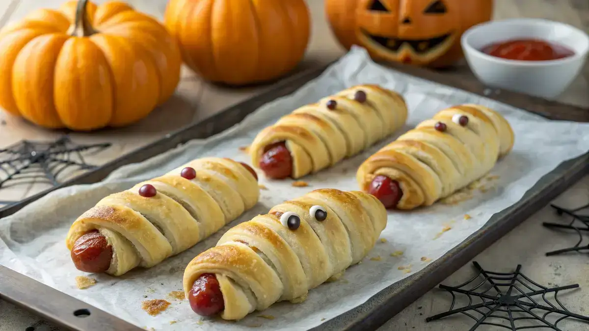 Mummy hot dogs wrapped in crescent roll dough with mustard eyes, set against a Halloween-themed backdrop.