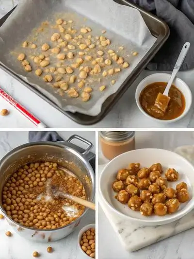 Step-by-step process of making Caramel Peanut Clusters, including lined baking sheet, saucepan with ingredients, boiling mixture, and clusters being formed.