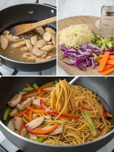 Step-by-step preparation of chicken lo mein with noodles, chicken, and vegetables in a wok.