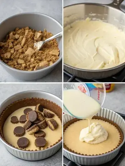 Step-by-step process of making Reese's Cheesecake, including preheating the oven, preparing the crust, mixing the filling, and pouring the batter into a pan.