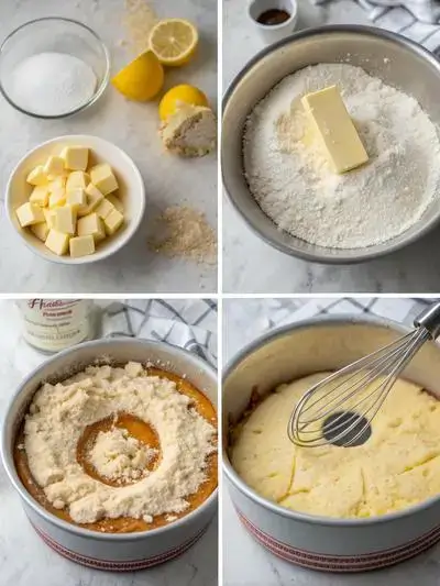 Four-step process of making lemon coffee cake, including preheating the oven, mixing dry ingredients, creaming butter and sugar, and adding eggs and flavor.