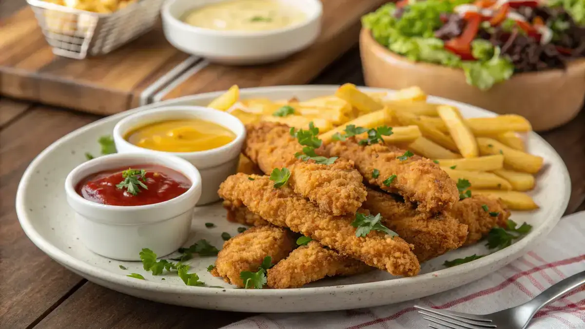 Plate of crispy breaded chicken strips with dipping sauces and fries.