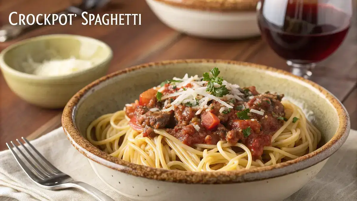 A bowl of CROCKPOT SPAGHETTI topped with grated Parmesan cheese and herbs.